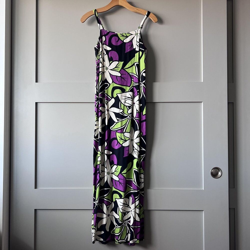 Kalaheo Dress Womens Small Purple Green Hawaiian Floral Maxi/Midi Sundress Rayon